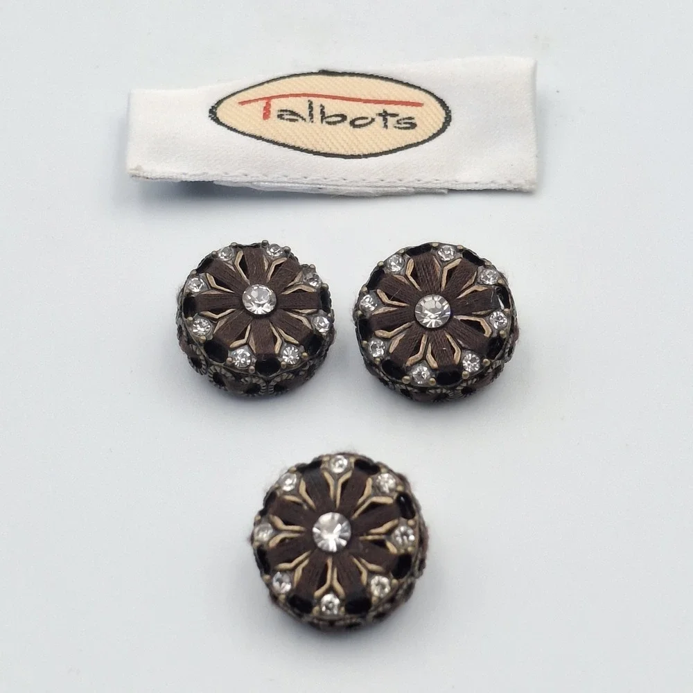 Talbots Brown Clear Rhinestones Plastic Metal Round Shank Buttons Lot‎ of 3